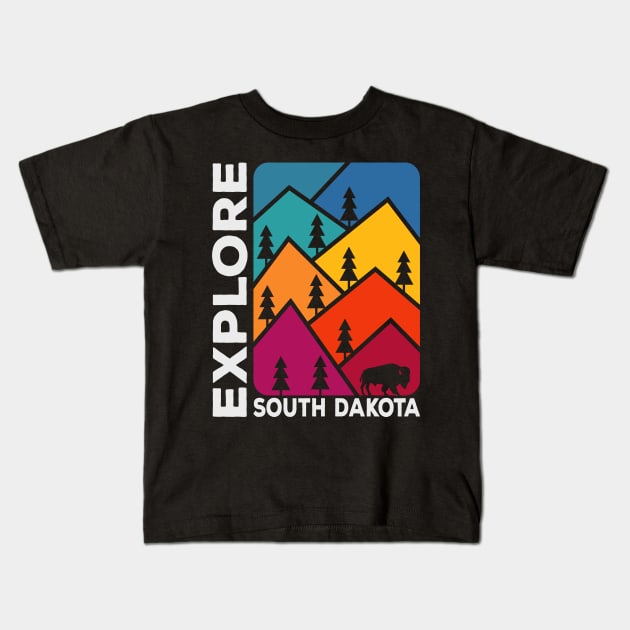 Explore South Dakota Vintage Mountains Bison Kids T-Shirt by SouthDakotaGifts